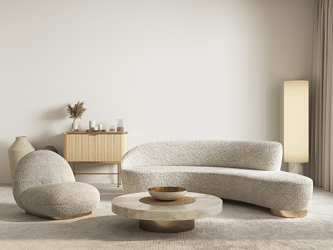 Empty wall mockup in modern living room with pink armchair and classic golden mirror on pastel interior background