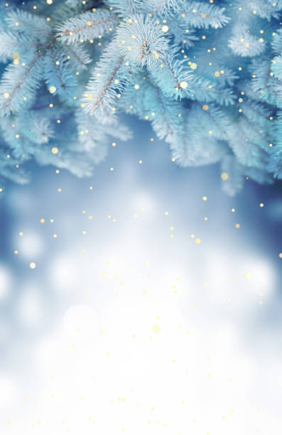 istock Beautiful blue Christmas tree, snowflakes on snow on winter background. 1344602299