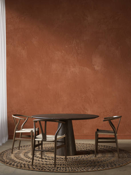 istock Orange interior with dining table and chair. 1344602395