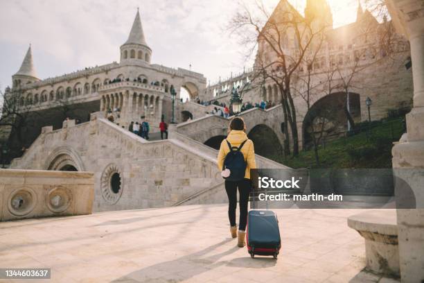 Tourist Woman Traveling Solo In Europe Stock Photo - Download Image Now - Fishermen's Bastion, Exchange Student, Autumn