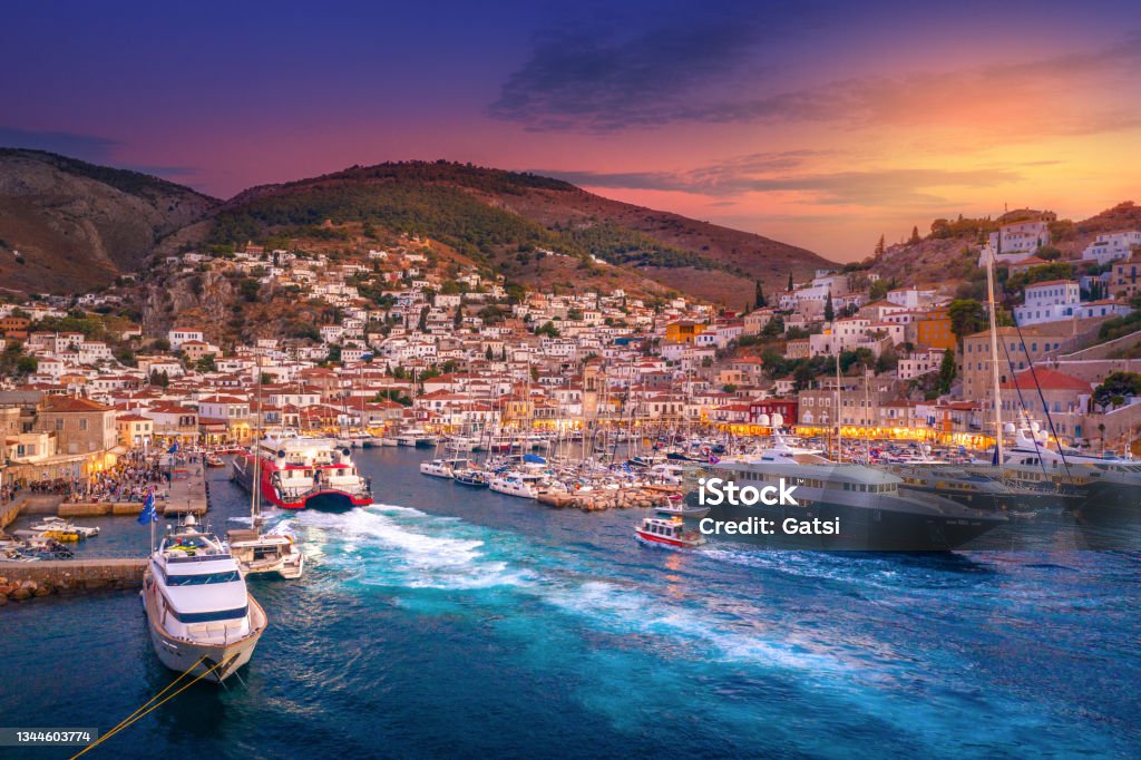 View of the amazing Hydra island, Greece. Greece Stock Photo
