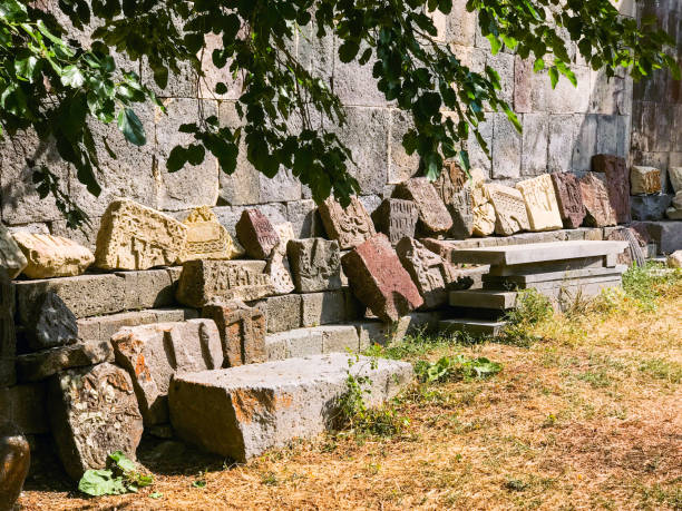 istock Stone artifacts in Gndevank monastery, Armenia. Historical sightseeing landmarks in Armenia. 1344603874