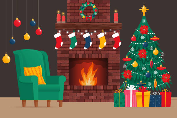 stockillustraties, clipart, cartoons en iconen met brick classic fireplace with socks, christmas tree, candle, balls, gifts and wreath. cozy interior with fireplace and armchair. hristmas, new year holiday. vector illustration in flat style - fireplace
