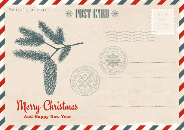 ilustrações, clipart, desenhos animados e ícones de cartão postal de natal e ano novo vintage. correio de natal. modelo vetorial - christmas season christmas tree nostalgia