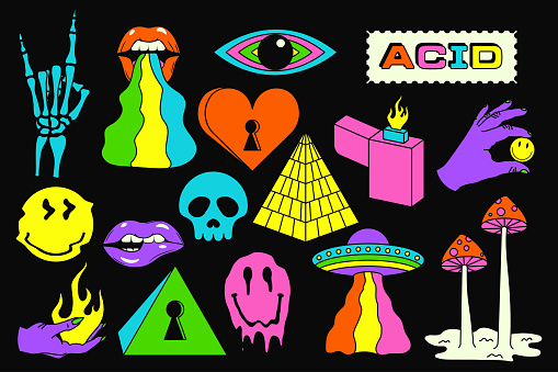 Acid sticker set. Acidic abstract smiles, objects and icons. Funny color pictures in trendy psychedelic style. Vector illustration.