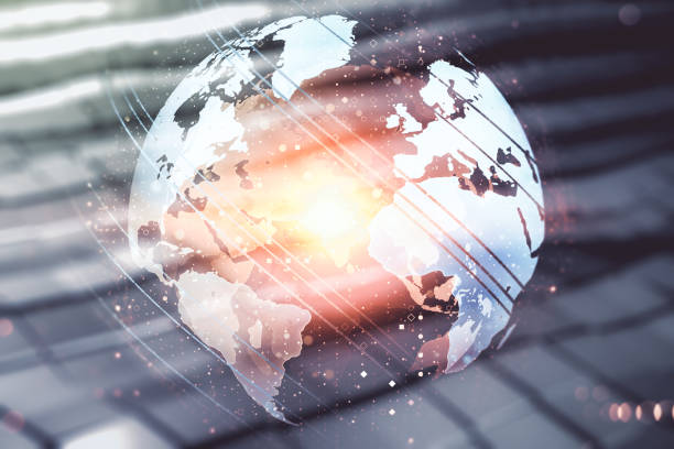 istock Multi exposure of abstract graphic world map on abstract metal background, big data and networking concept 1344606049