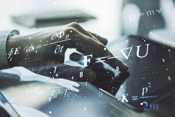 istock Double exposure of creative scientific formula concept with finger clicks on a digital tablet on background, research and development concept 1344606067