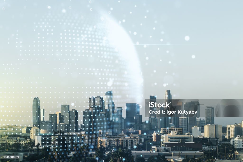 Multi exposure of abstract graphic world map on Los Angeles cityscape background, big data and networking concept Los Angeles County Stock Photo