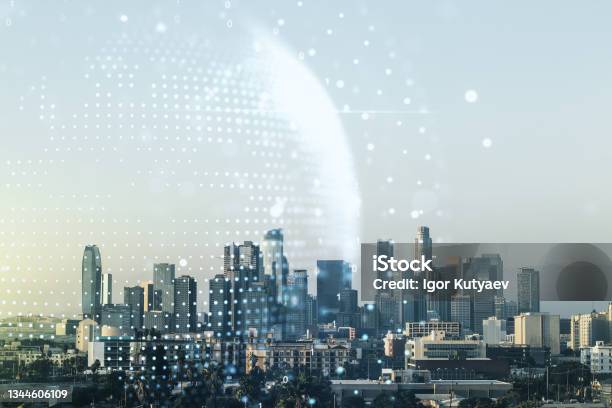 Multi Exposure Of Abstract Graphic World Map On Los Angeles Cityscape Background Big Data And Networking Concept Stock Photo - Download Image Now