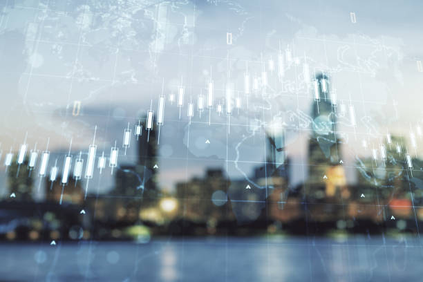 Double exposure of abstract creative financial chart hologram and world map on blurry cityscape background, research and strategy concept