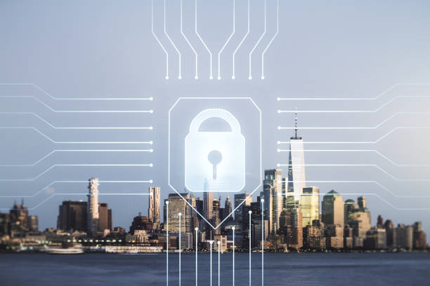 istock Virtual creative lock illustration with microcircuit on New York cityscape background, cyber security concept. Multiexposure 1344606115