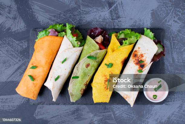 Assorted Wraps With Tortillas Of Various Colors With Chicken Stock Photo - Download Image Now