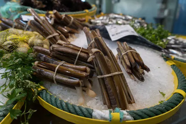 Picture of a lot of razor shells on ice in a fish shop. Delicious razor fishes in a mediterranean food market