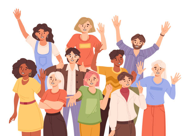 Team welcomes newcomer Team welcomes newcomer. New workplace, happy people, friendly team. Future colleagues, staff, employees. Good atmosphere in company. Cartoon flat vector illustration isolated on white background employee introduction stock illustrations