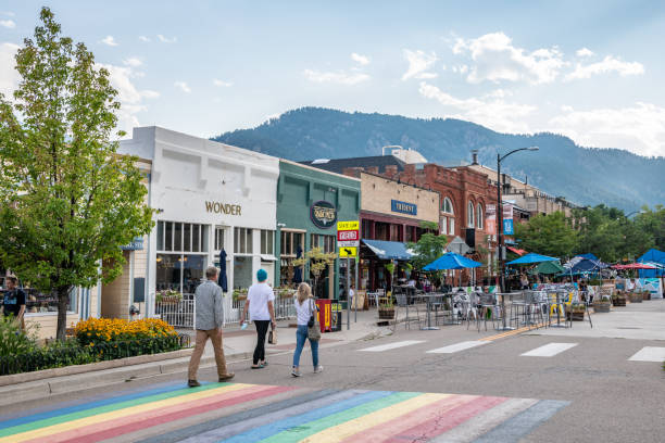 In Boulder, Colorado, People explore the famous Pearl Street Mall stock photo