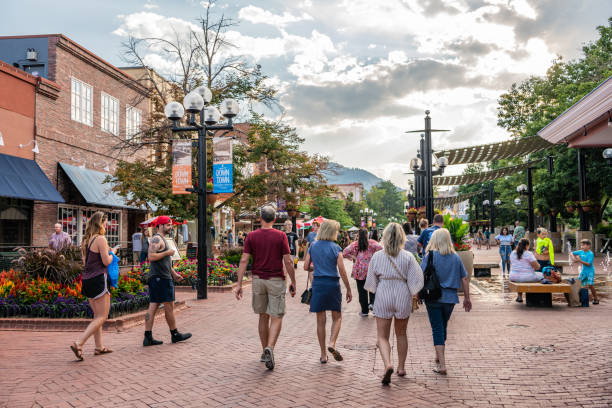 In Boulder, Colorado, People explore the famous Pearl Street Mall, Mountain vie stock photo