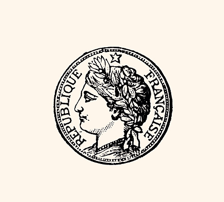 GOLD COIN : REPUBLIQUE FRANCAISE AND DESIGN ELEMENT. Vintage engraving circa late 19th century. Digital restoration by Pictore.