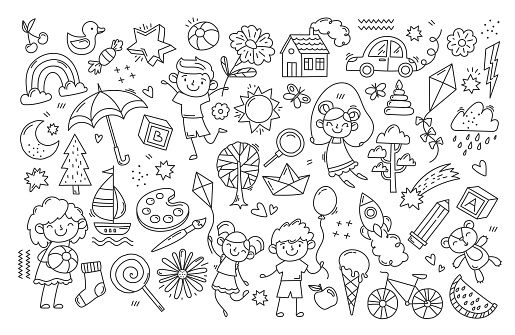 Black and white childs drawing. Large collection of simple icons, various items. Rocket, bear, kite, boy, girl, sweet, sheep, car. Cartoon flat vector illustration isolated on white background
