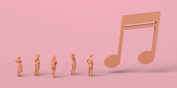 istock Music concept. People looking at giant musical note. Copy space. 3D illustration. 1344610838
