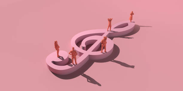 Music concept. People on giant treble clef. Copy space. 3D illustration.