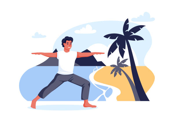 ilustrações de stock, clip art, desenhos animados e ícones de guy stands in a warrior pose on sea beach. outdoor yoga exercise practice. vector cartoon character illustration - stretch beach