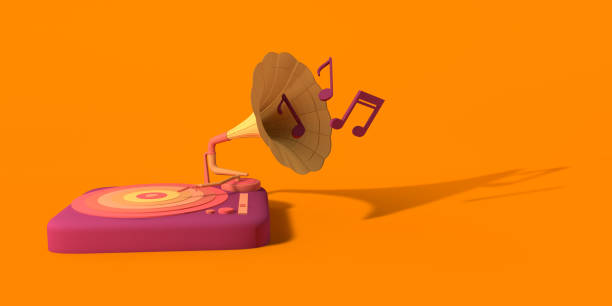 istock Music concept. Retro vinyl gramophone with musical notes. Copy space. 3D illustration. 1344611372