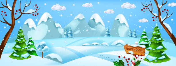 ilustraciones, imágenes clip art, dibujos animados e iconos de stock de paisaje invernal navideño, fondo de nieve vectorial x-mas, vista horizontal del bosque del polo norte. - christmas santa claus north pole snow