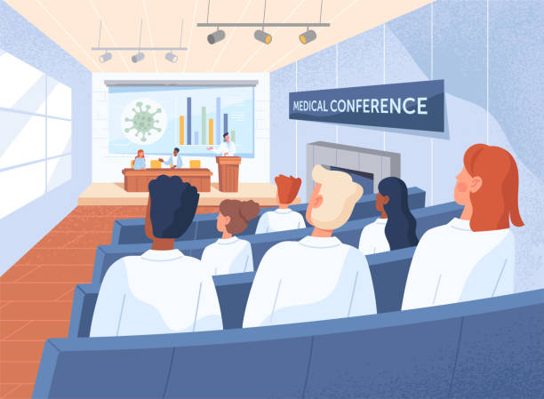 ilustraciones, imágenes clip art, dibujos animados e iconos de stock de conferencia médica desde el escritorio trasero - conference