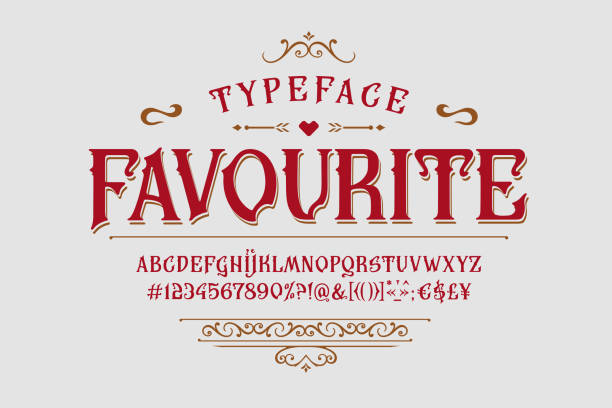 Font Favourite. Vintage typeface design for logo Font Favourite. Craft retro vintage typeface design. Graphic display alphabet. Fantasy type letters. Latin characters, numbers. Vector illustration. Old badge, label, logo template. 19th century style stock illustrations