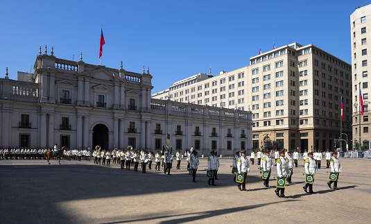 Santiago de Chile, Chile, November 29, 2018: Guard changing ceremony in front of the presidential palace La Moneda. The ceremony is a popular tourist attraction.