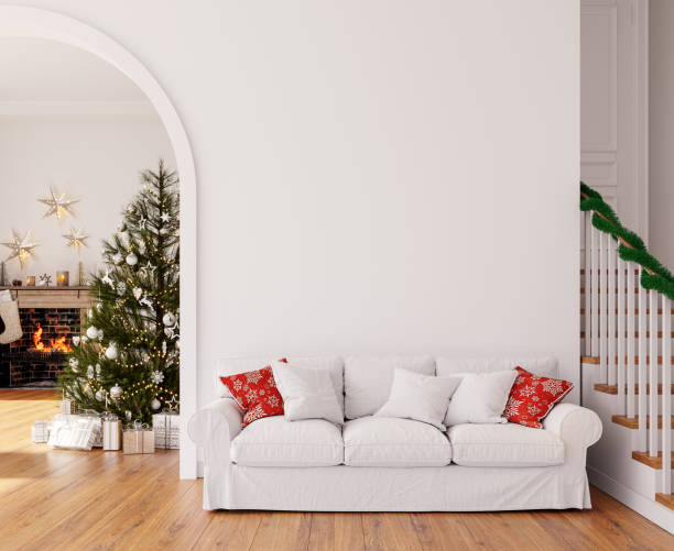 christmas interior with fireplace and big christmas tree with presents - xmas tree stockfoto's en -beelden