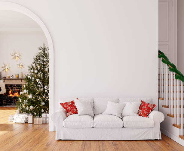 istock Christmas interior with fireplace and big Christmas tree with presents 1344613268