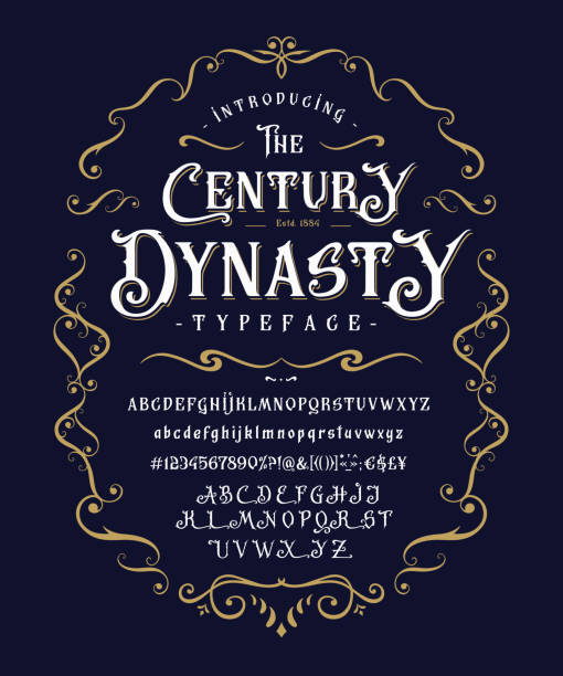 Font The Century Dynasty. Vintage design for logo Font The Century Dynasty. Craft retro vintage typeface design. Graphic display alphabet. Fantasy type letters. Latin characters, numbers. Vector illustration. Old badge, label, logo template. gothic style stock illustrations