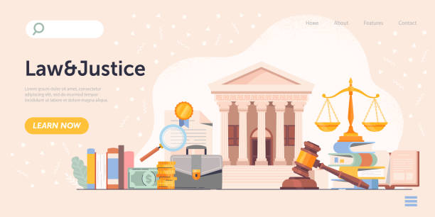 Law and justice concept Law and justice concept. Landing page, guide. Graphic elements for legal sites, lawyer, notary. Judges gavel hits table, judgement. Cartoon flat vector illustration isolated on beige background lawyer cartoon stock illustrations