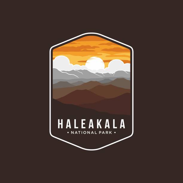 illustrazioni stock, clip art, cartoni animati e icone di tendenza di haleakala national park emblem patch icona illustrazione su sfondo scuro - sunrise maui hawaii islands haleakala national park