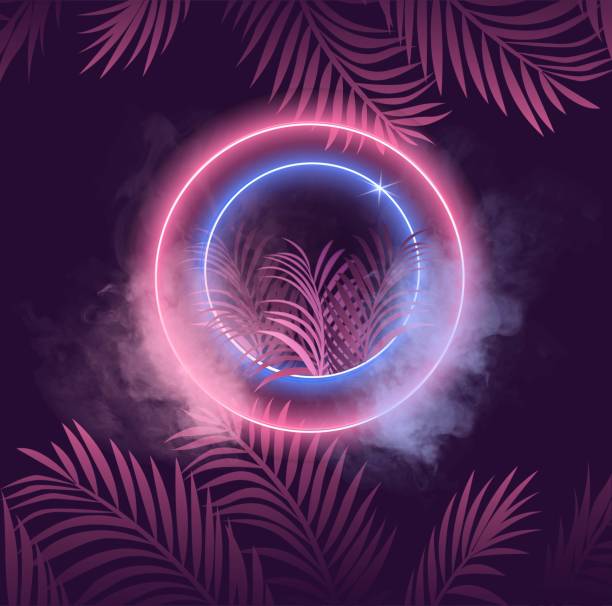 illustrazioni stock, clip art, cartoni animati e icone di tendenza di retrowave o vaporwave estetica vintage anni '80 cerchio colorato sfumato con palme sullo sfondo - musica tropicale