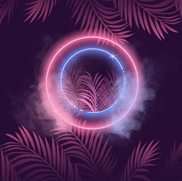 Vector illustration of Retrowave or vaporwave aesthetic vintage 80's gradient colored circle with palm trees on background