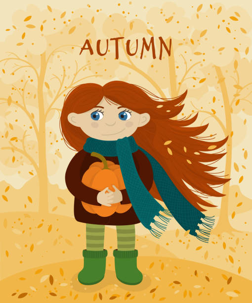 mädchen mit einem kürbis im herbst. - scarf blowing women autumn stock-grafiken, -clipart, -cartoons und -symbole