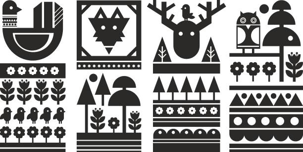 bildbanksillustrationer, clip art samt tecknat material och ikoner med set of black and white scandinavian prints. - skog sverige
