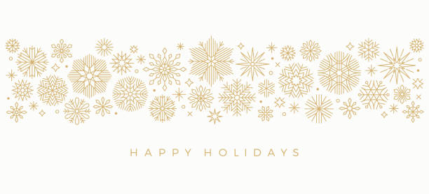 Holiday Snowflake Border Christmas, Holiday border with snowflakes and greetings. Line art abstract snowflakes. happy holidays stock illustrations