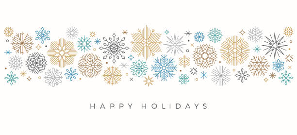 Holiday Snowflake Border Christmas, Holiday border with snowflakes and greetings. Line art abstract snowflakes. happy holidays short phrase stock illustrations