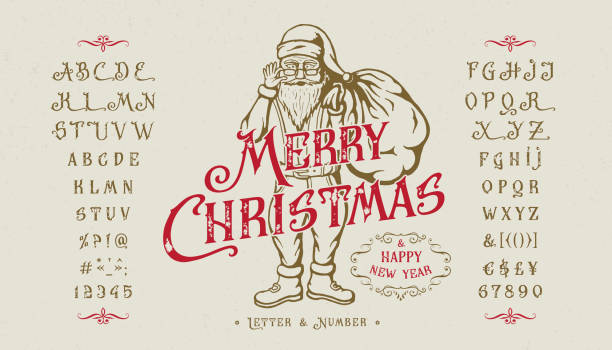 ilustrações, clipart, desenhos animados e ícones de font merry natal design de artesanato vintage para logotipo - holiday spirit