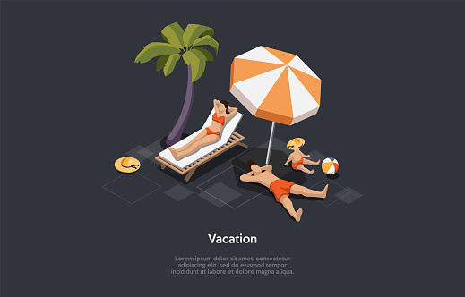 Isometric Illustration In Cartoon 3D Style. Vector Composition On Dark Background. Vacation Concept. Summer Rest At Beach Or Seaside. Family In Swimwear Spending Time Together. Palm, Umbrella, Lounger.
