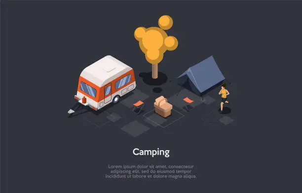 Vector illustration of Camping In Woods Concept Design. Isometric Composition, Cartoon 3D Style. Vector Illustration With Character. Woman Jogging. Forest, Picnic Basket, Tent, Van. Alone Active Ecological Recreation Ideas