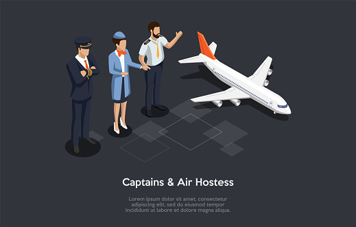Isometric Illustration In Cartoon 3D Style. Vector Composition On Dark Background. Captains And Air Hostess Standing Together, Airplane Near, Infographics And Writing. Flight And Aircraft Concept