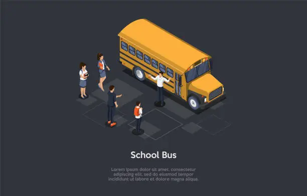 Vector illustration of Vector Illustration. 3D Composition, Cartoon Style Isometric Design. Group Of Young People. Yellow Schoolbus, Driver Standing. Characters Near. Male And Female Students Waiting For Their Ride Home