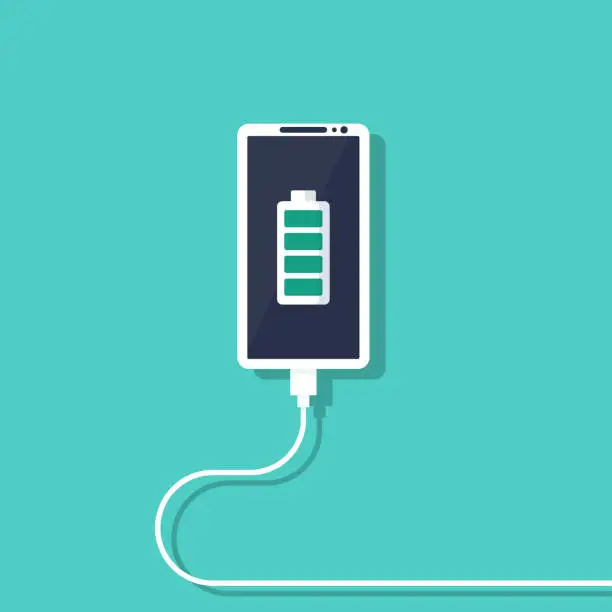 Vector illustration of Phone on charging. Smartphone with charger
