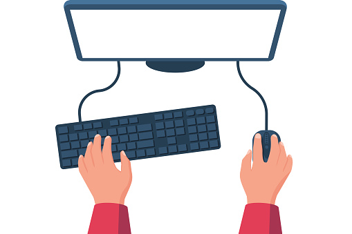 People working on the computer. Hands on the keyboard and mouse. Programmer, blogger, freelancer, designer, office employee. Blank monitor screen as template for design. Vector illustration flat.