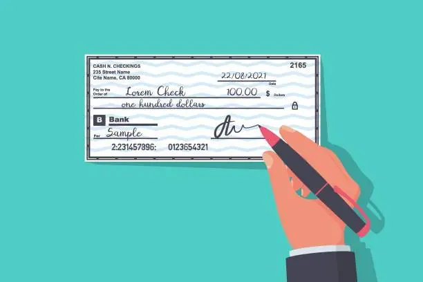 Vector illustration of Businessman signs money check. Signature of a financial document.