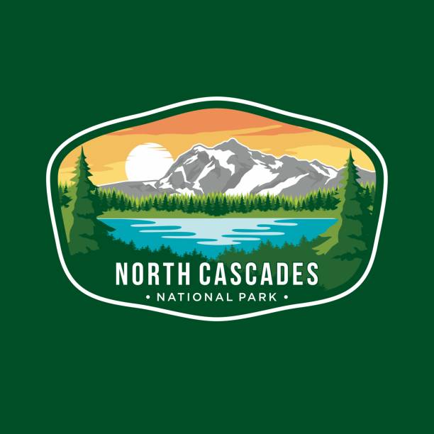 暗い背景にノースカスケード国立公園エンブレムパッチアイコンイラスト - north cascades national park点のイラスト素材／クリップアート素材／マンガ素材／アイコン素材